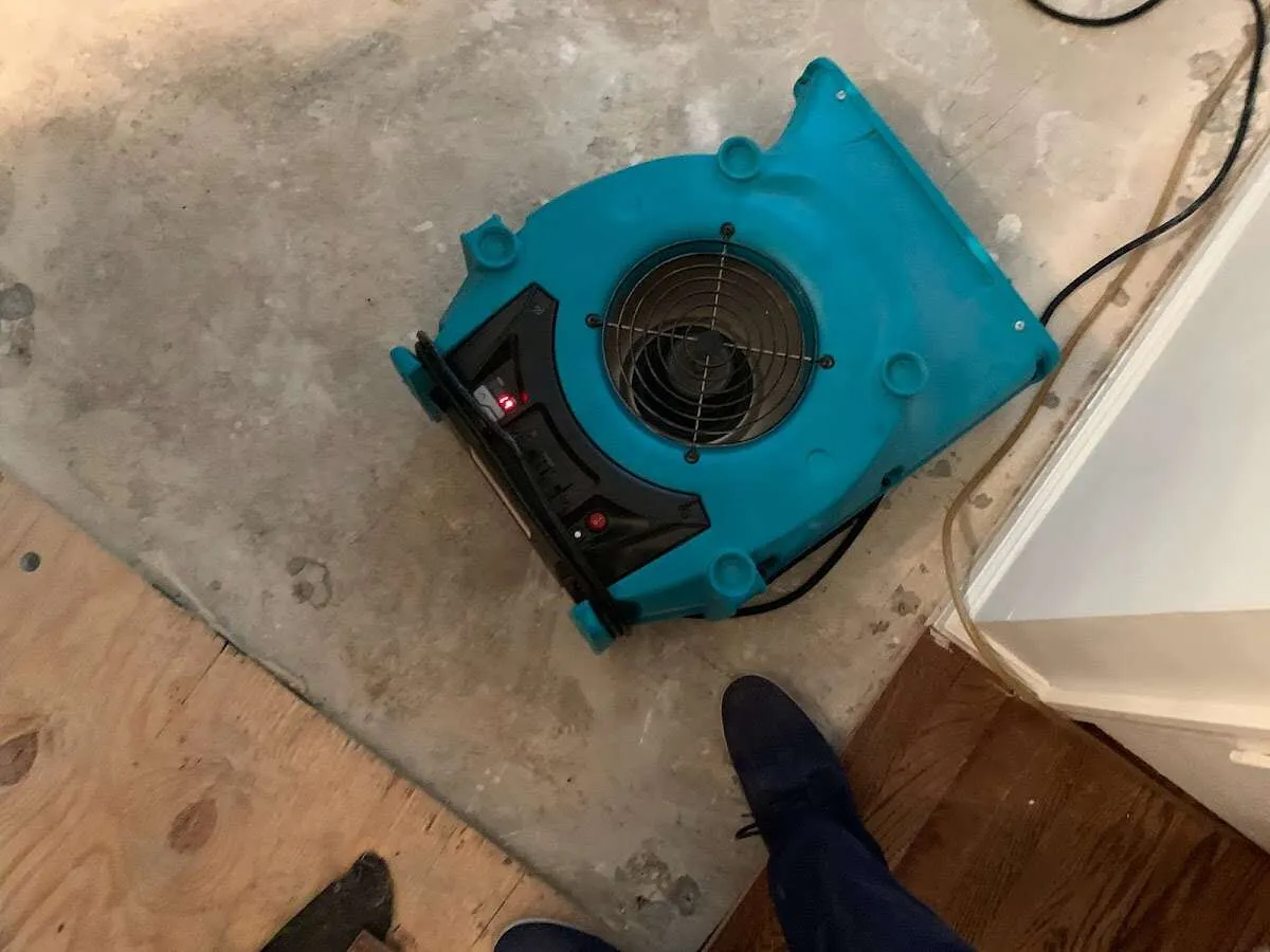 Air mover drying subfloor during Leak Detection & Repair in Anniston